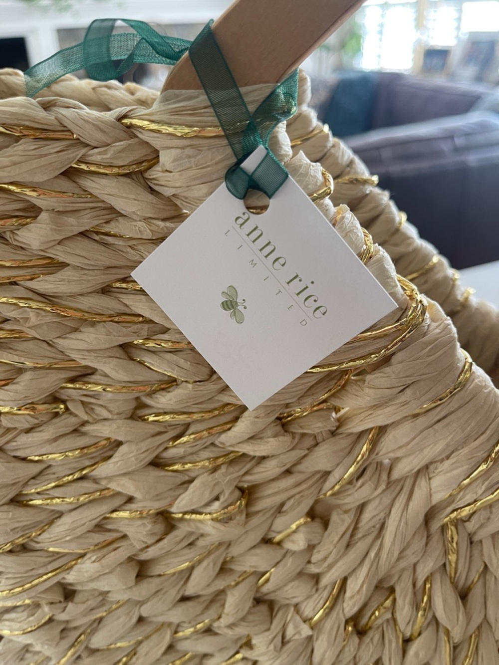 Woven Crescent Tote Bag with Wooden Triangle Handles - Natural/Gold - Picture 3 of 4